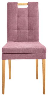 Vorderansicht eines modernen Stuhls der Serie BARCELONA mit lila Polsterung und Holzbeinen.