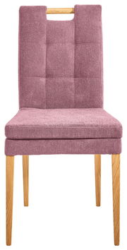 Vorderansicht eines modernen Stuhls der Serie BARCELONA mit lila Polsterung und Holzbeinen.