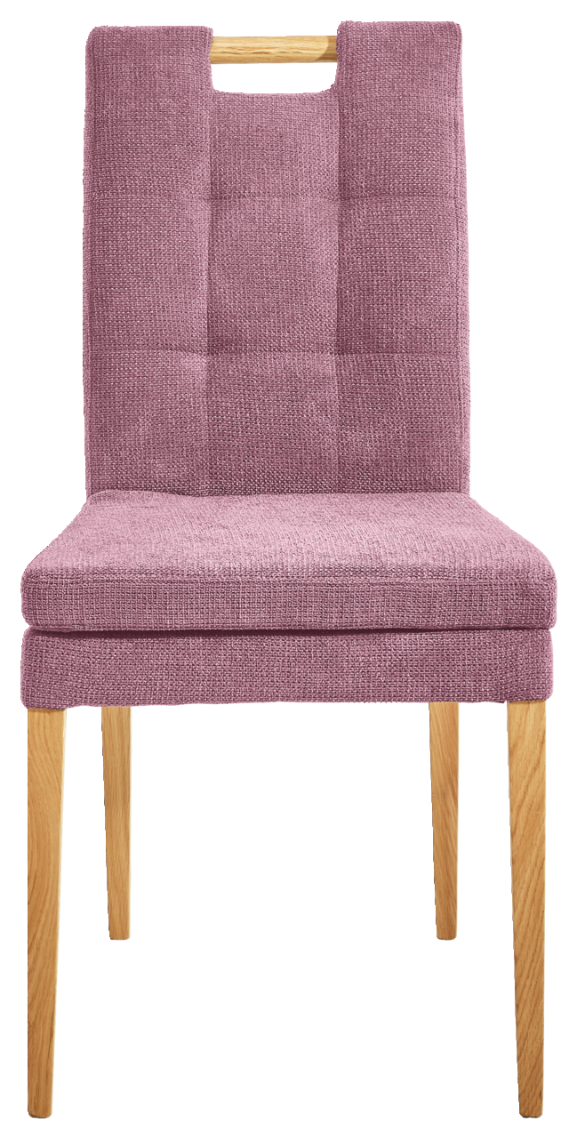 Cantus Stuhl BARCELONA Vorderansicht eines modernen Stuhls der Serie BARCELONA mit lila Polsterung und Holzbeinen.