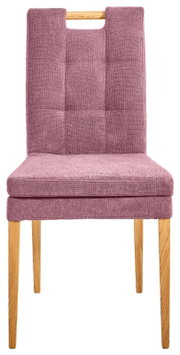 Vorderansicht eines modernen Stuhls der Serie BARCELONA mit lila Polsterung und Holzbeinen.