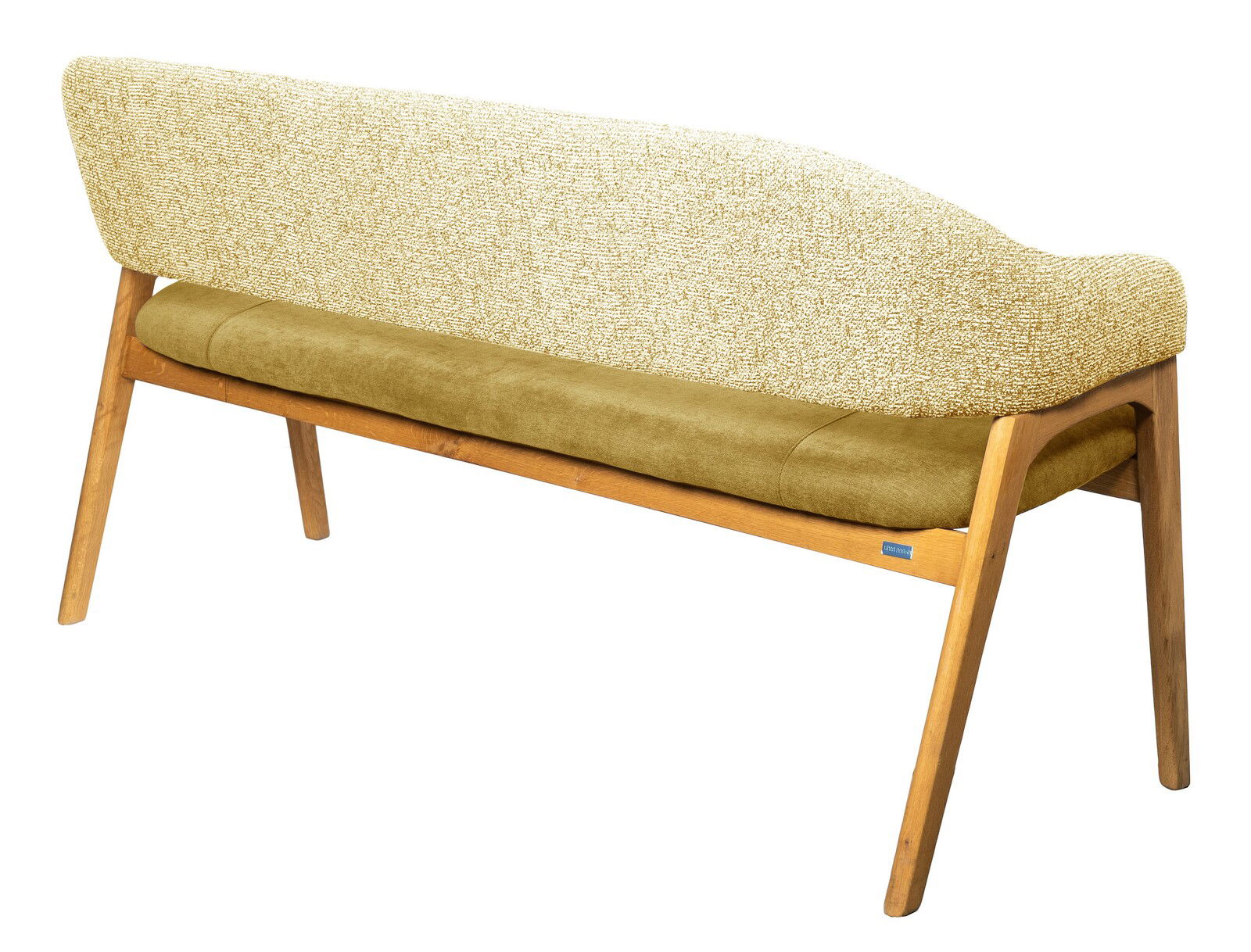 Rückansicht einer modernen Sitzbank mit Holzrahmen und gepolsterter Rückenlehne in beige, Sitzfläche in olivgrün.