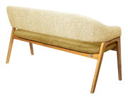 Rückansicht einer modernen Sitzbank mit Holzrahmen und gepolsterter Rückenlehne in beige, Sitzfläche in olivgrün.