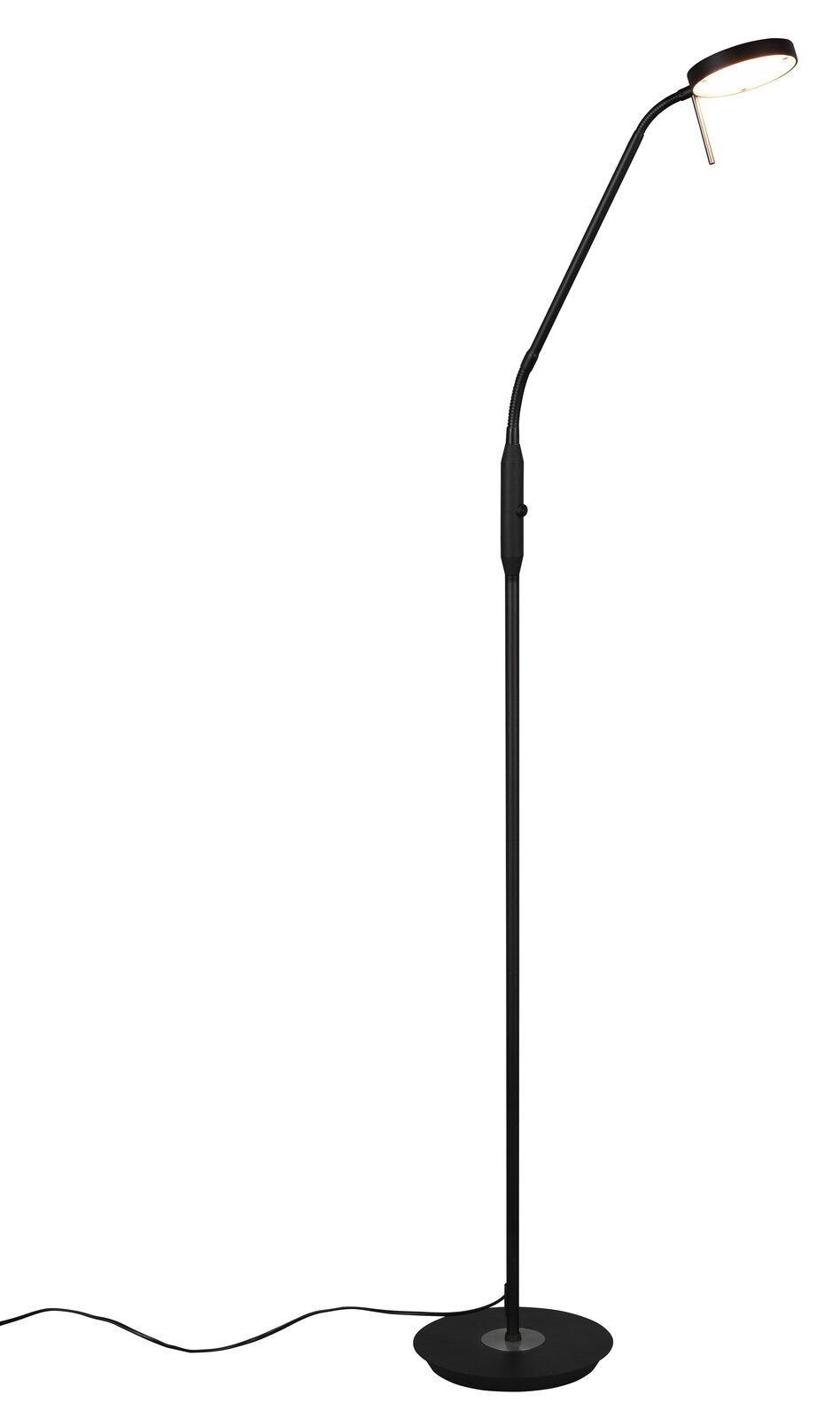 Stehleuchte mit flexiblem Arm und rundem Lampenschirm, seitliche Perspektive
