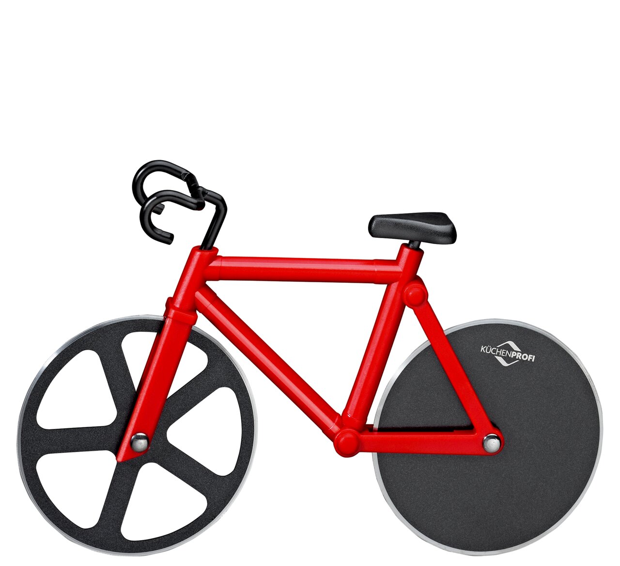 Roter Pizzaschneider in Form eines Fahrrads, seitliche Ansicht