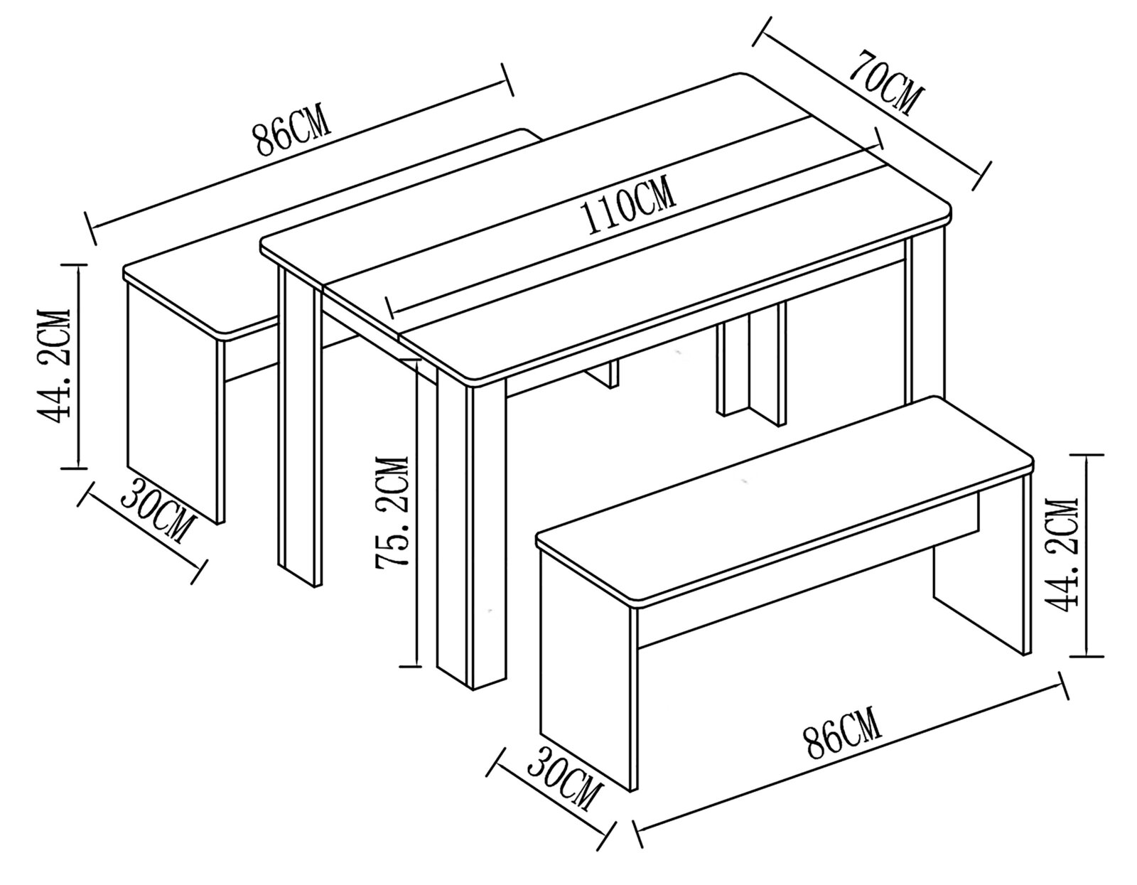 Isometrische Perspektive: Schwarz-weiße Maßskizze eines 3-teiligen Essgruppen-Sets mit Tisch (110 x 70 x 75,2 cm) sowie Bank und Hocker (je 86 x 30 x 44,2 cm).