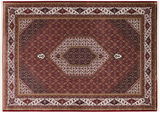 Orientteppich mit komplexem geometrischem Muster in Rot- und Beigetönen, Draufsicht