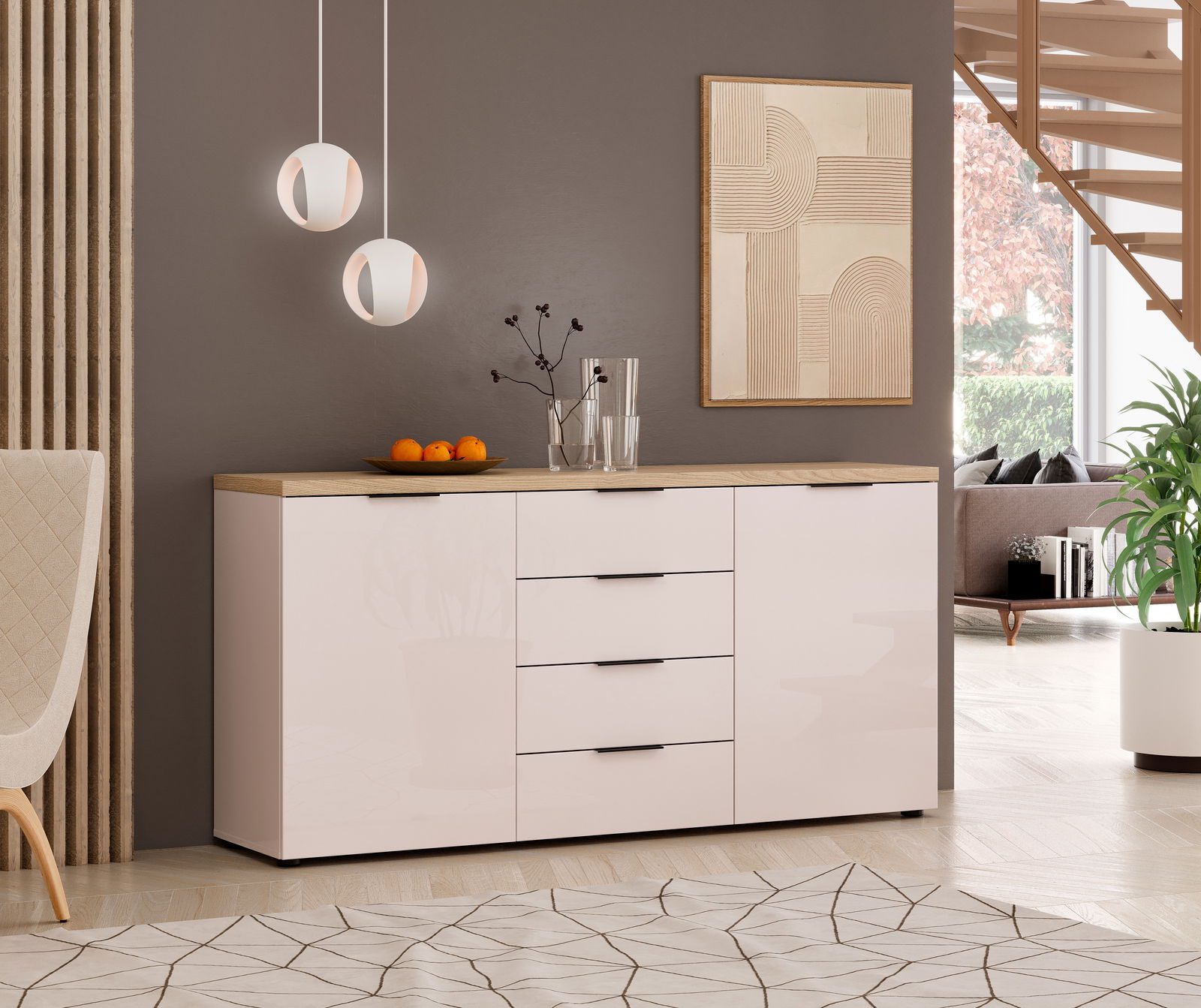 Modernes Sideboard mit glänzender weißer Oberfläche und Holzplatte, umgeben von stilvoller Inneneinrichtung, aus seitlicher Perspektive.