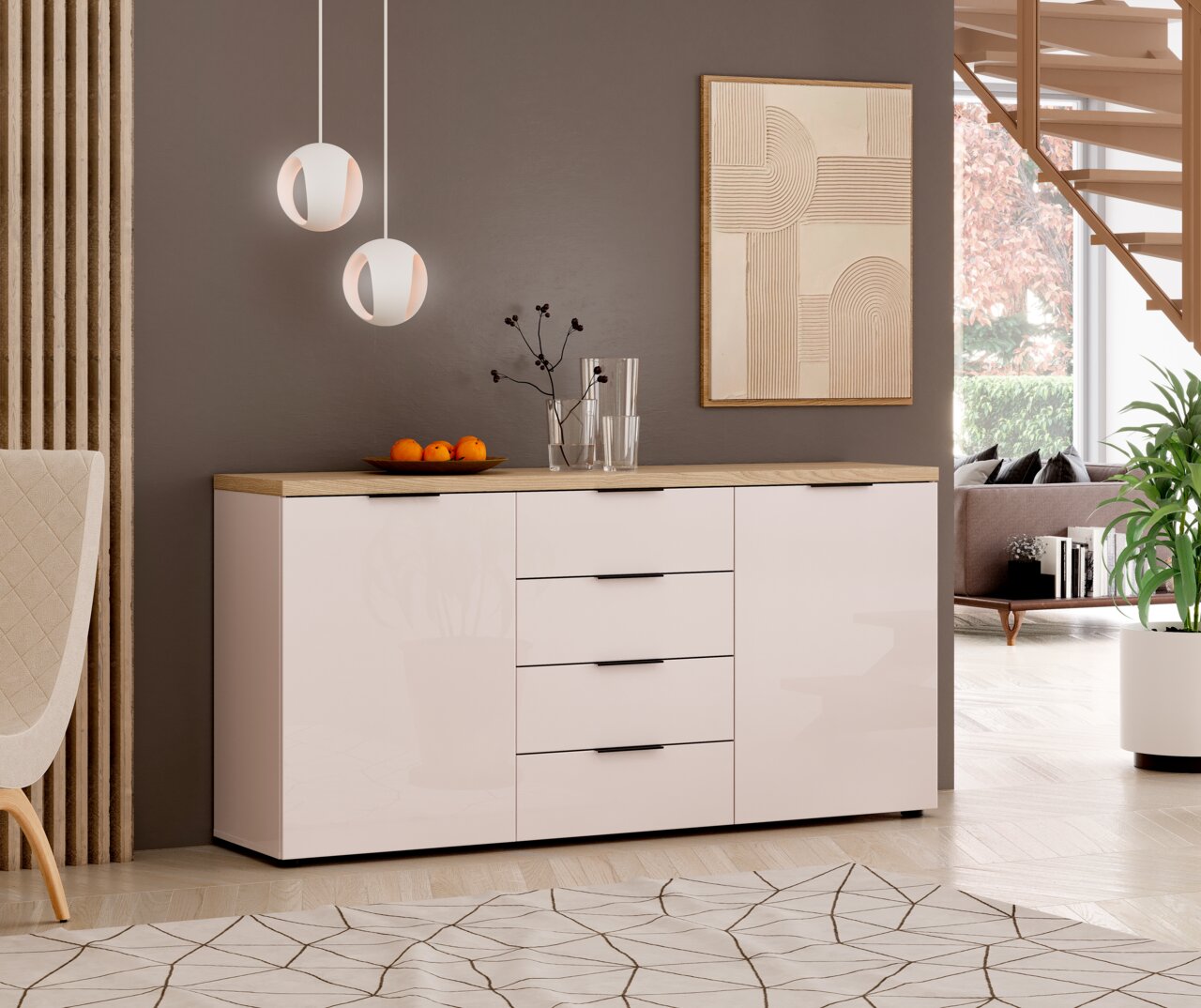 Modernes Sideboard mit glänzender weißer Oberfläche und Holzplatte, umgeben von stilvoller Inneneinrichtung, aus seitlicher Perspektive.