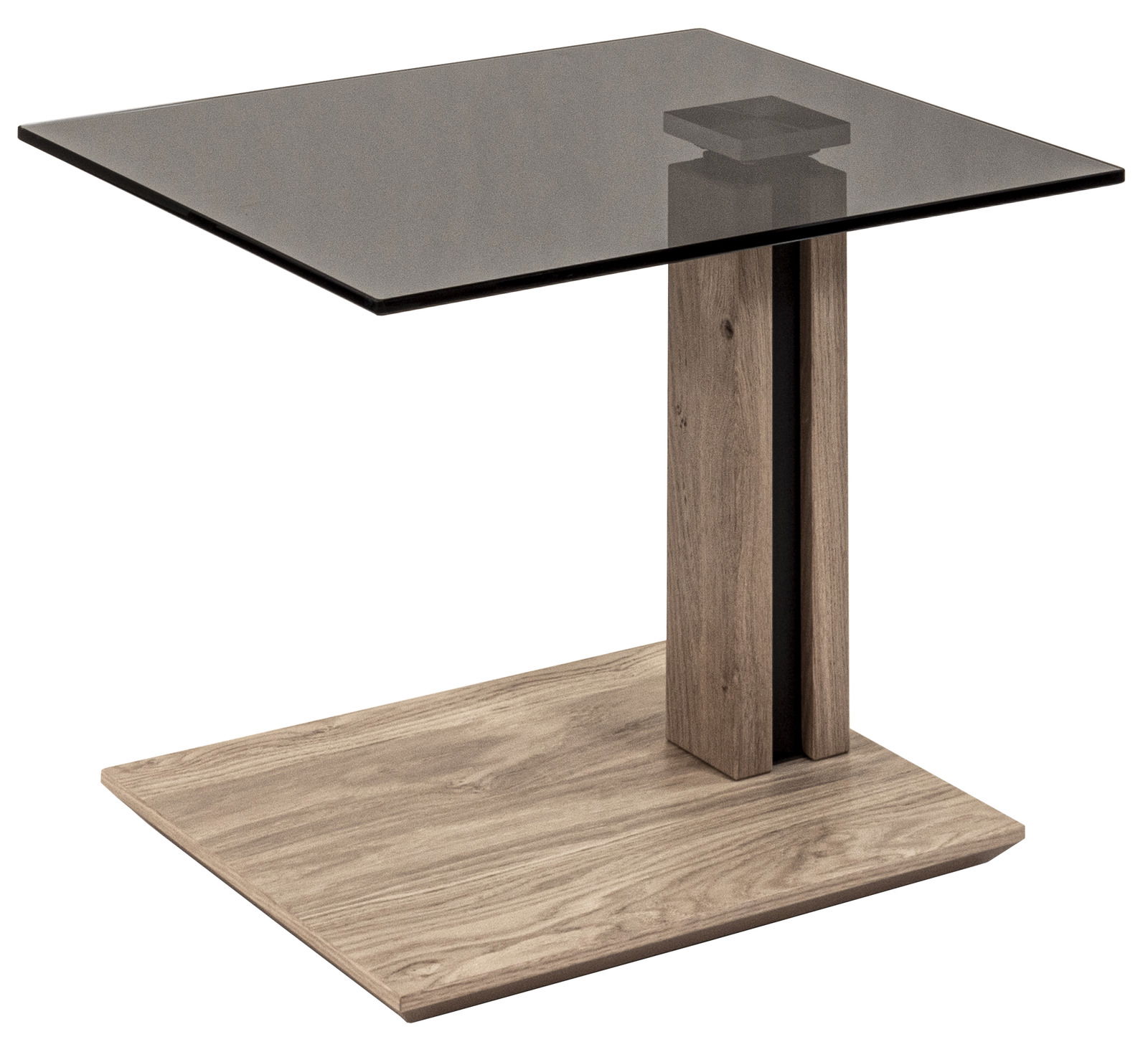 Moderner Beistelltisch mit Glasplatte und Holzfuß, seitliche Perspektive