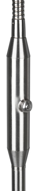 Nahaufnahme eines metallischen Teils einer LED-Lampe, zylindrische Form mit einem kleinen hervorstehenden Element, seitliche Perspektive.