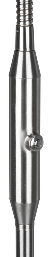 Nahaufnahme eines metallischen Teils einer LED-Lampe, zylindrische Form mit einem kleinen hervorstehenden Element, seitliche Perspektive.