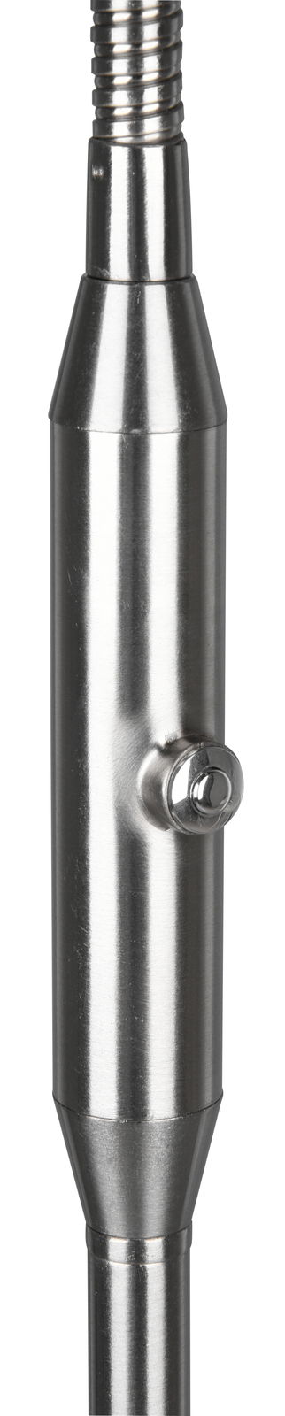 Nahaufnahme eines metallischen Teils einer LED-Lampe, zylindrische Form mit einem kleinen hervorstehenden Element, seitliche Perspektive.