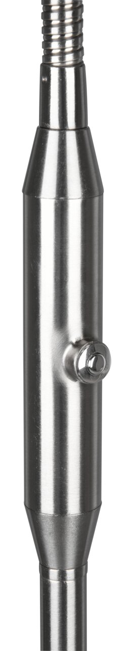 Nahaufnahme eines metallischen Teils einer LED-Lampe, zylindrische Form mit einem kleinen hervorstehenden Element, seitliche Perspektive.