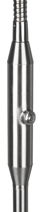 Nahaufnahme eines metallischen Teils einer LED-Lampe, zylindrische Form mit einem kleinen hervorstehenden Element, seitliche Perspektive.