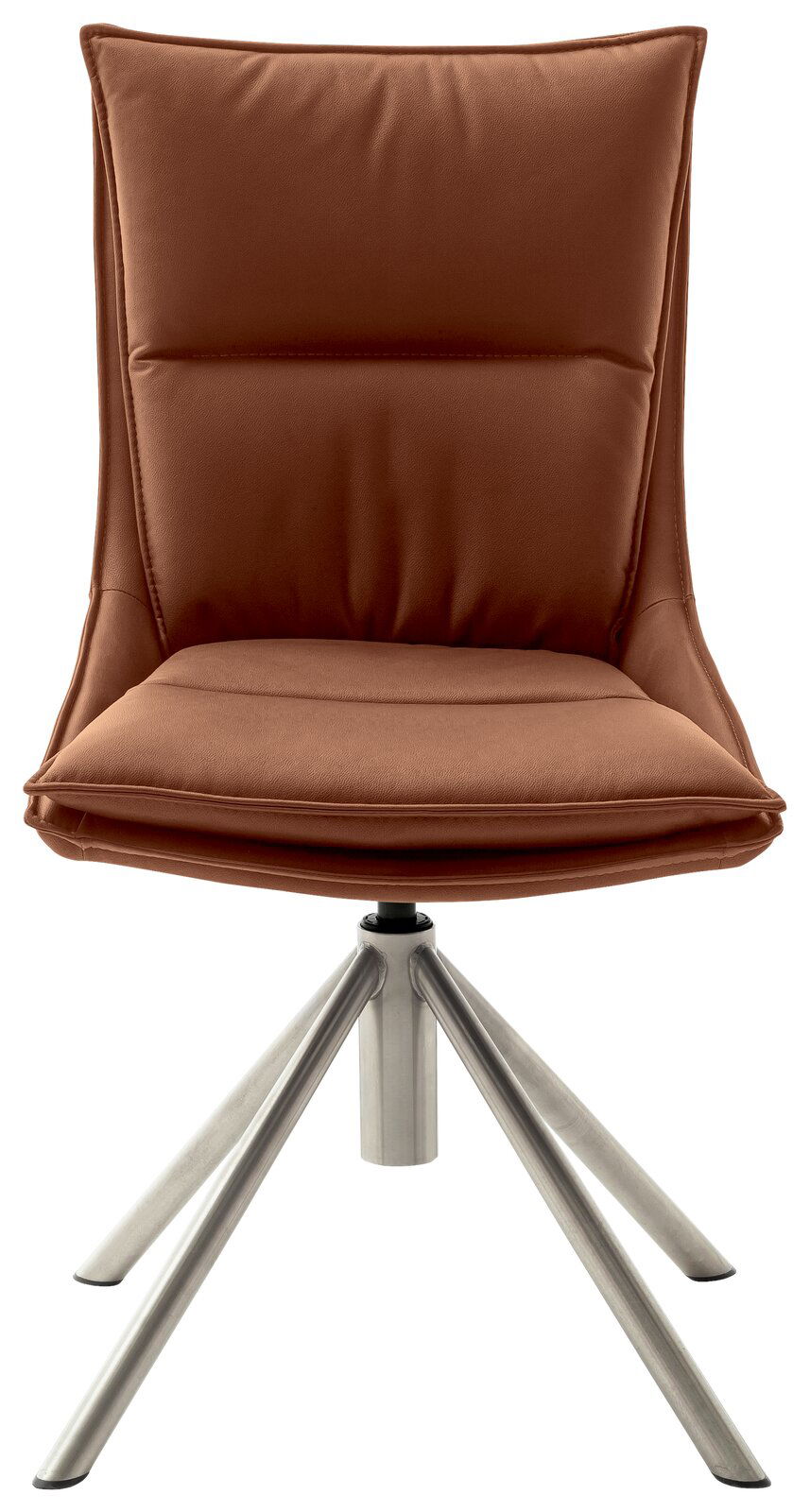 Moderner brauner Stuhl mit gepolsterter Sitzfläche und Rückenlehne, auf einem silbernen Metallgestell, Frontalansicht.