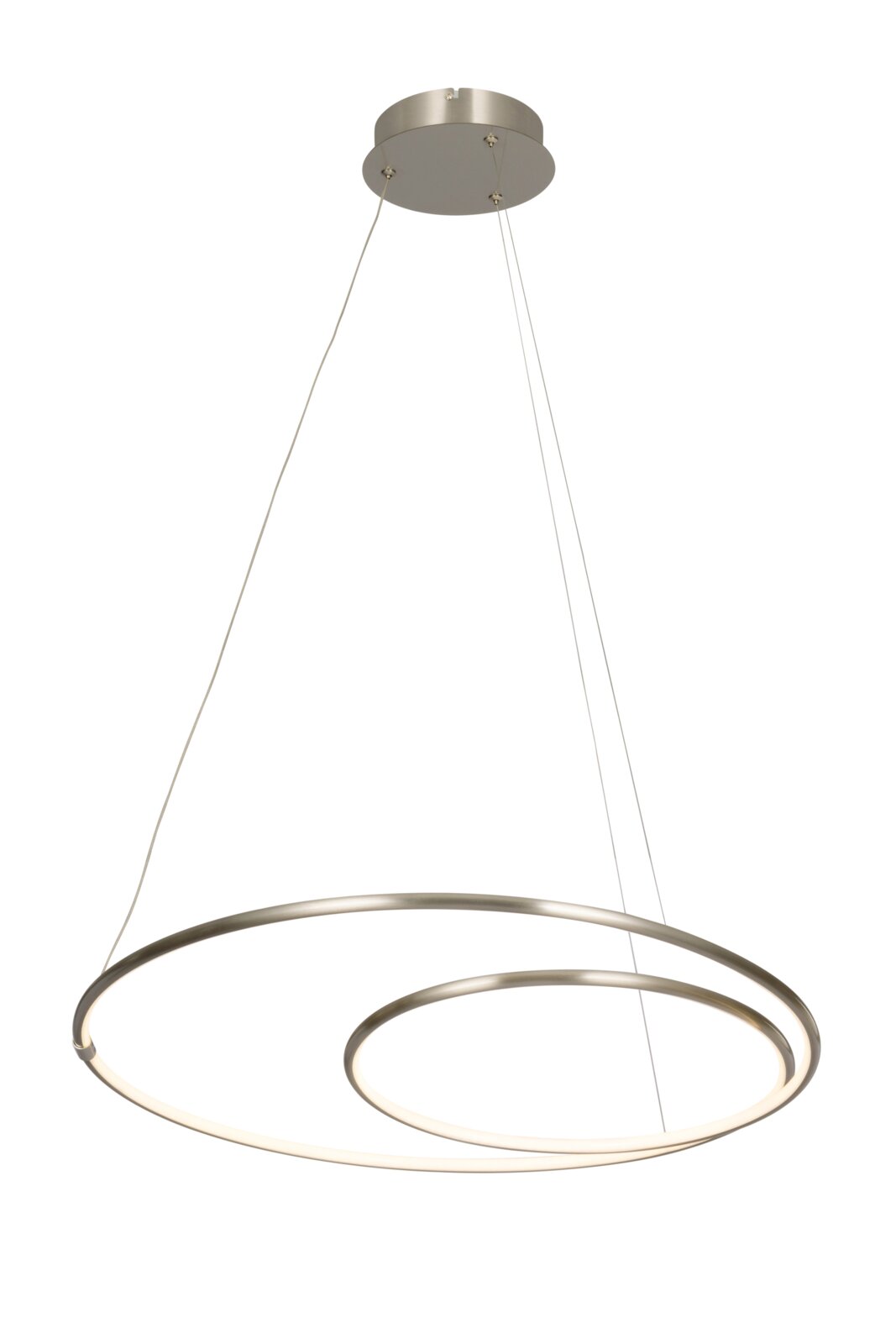 Moderne LED-Hängeleuchte mit zwei ineinander verschlungenen Ringen, seitliche Perspektive