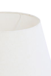 Nahaufnahme eines weißen, runden Lampenschirms aus Stoff, von oben betrachtet.