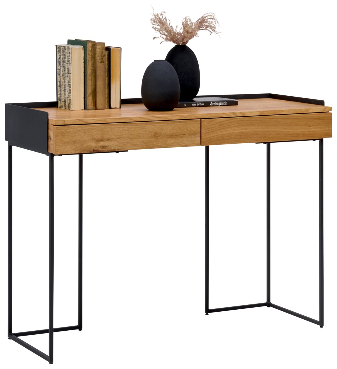 Moderne houten consoletafel met zwarte metalen poten, versierd met boeken en vazen, zijaanzicht