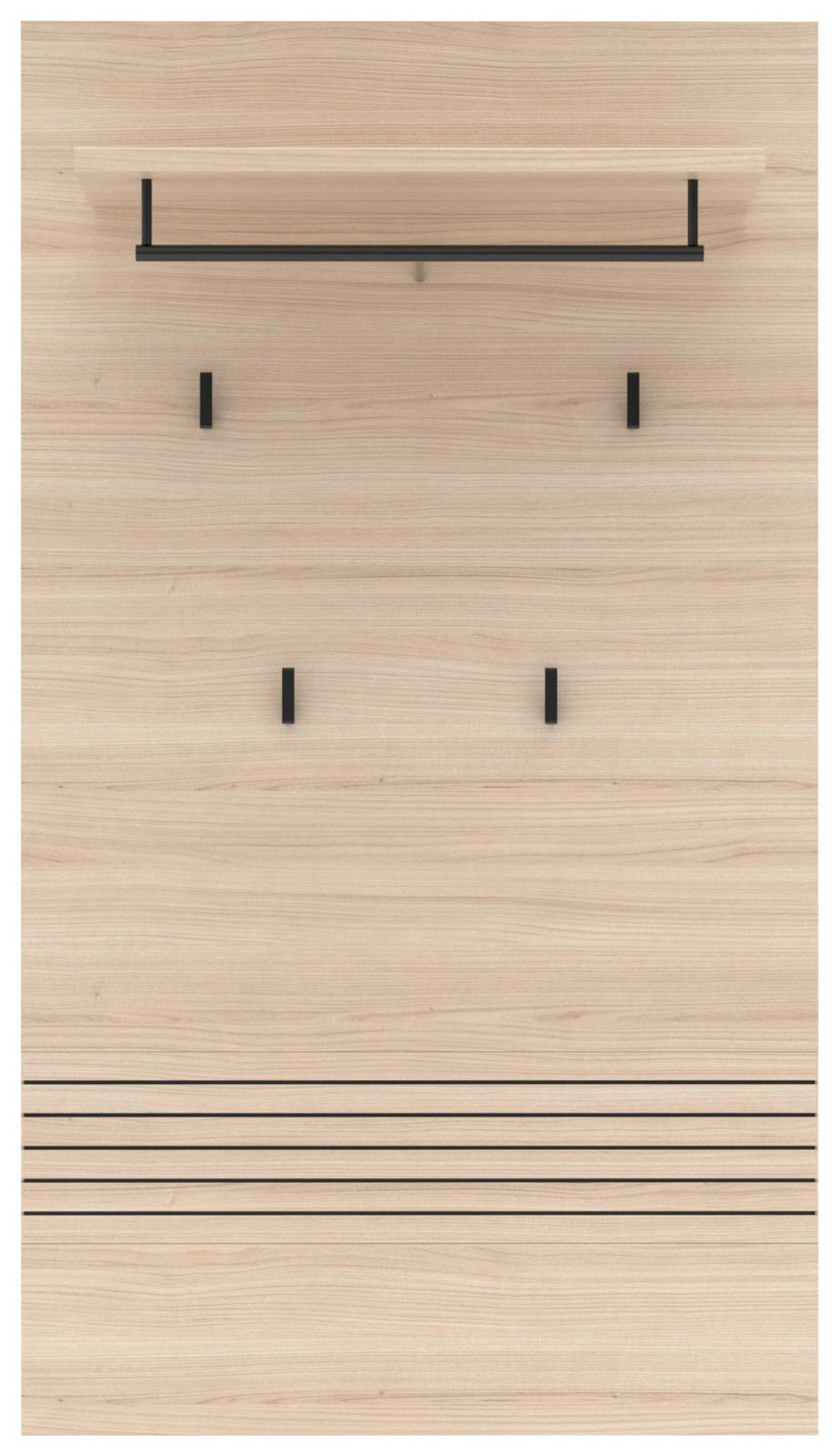 Frontale Ansicht eines XL-Garderobenpaneels aus hellem Holz mit schwarzem Kleiderhaken und Ablage.