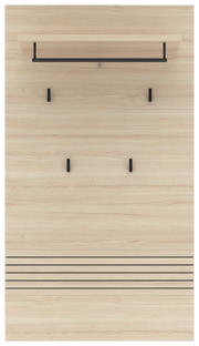 Frontale Ansicht eines XL-Garderobenpaneels aus hellem Holz mit schwarzem Kleiderhaken und Ablage.