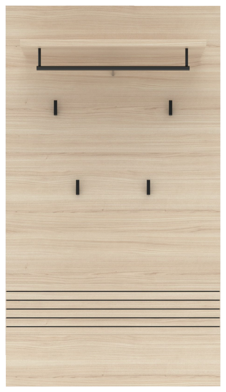 Frontale Ansicht eines XL-Garderobenpaneels aus hellem Holz mit schwarzem Kleiderhaken und Ablage.