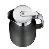 Ansicht von oben auf eine graue Thermoskanne mit glänzendem Deckel und Griff, Produktname SKYLINE cool grey 1,0l