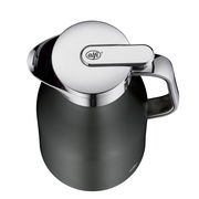 Ansicht von oben auf eine graue Thermoskanne mit glänzendem Deckel und Griff, Produktname SKYLINE cool grey 1,0l