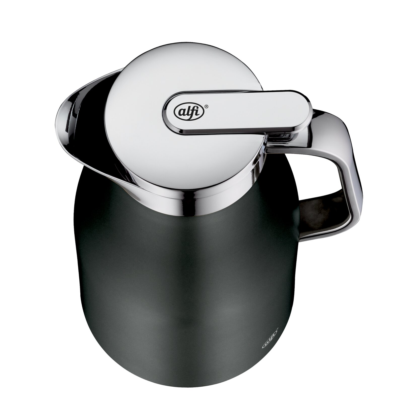 Ansicht von oben auf eine graue Thermoskanne mit glänzendem Deckel und Griff, Produktname SKYLINE cool grey 1,0l