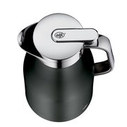 Ansicht von oben auf eine graue Thermoskanne mit glänzendem Deckel und Griff, Produktname SKYLINE cool grey 1,0l