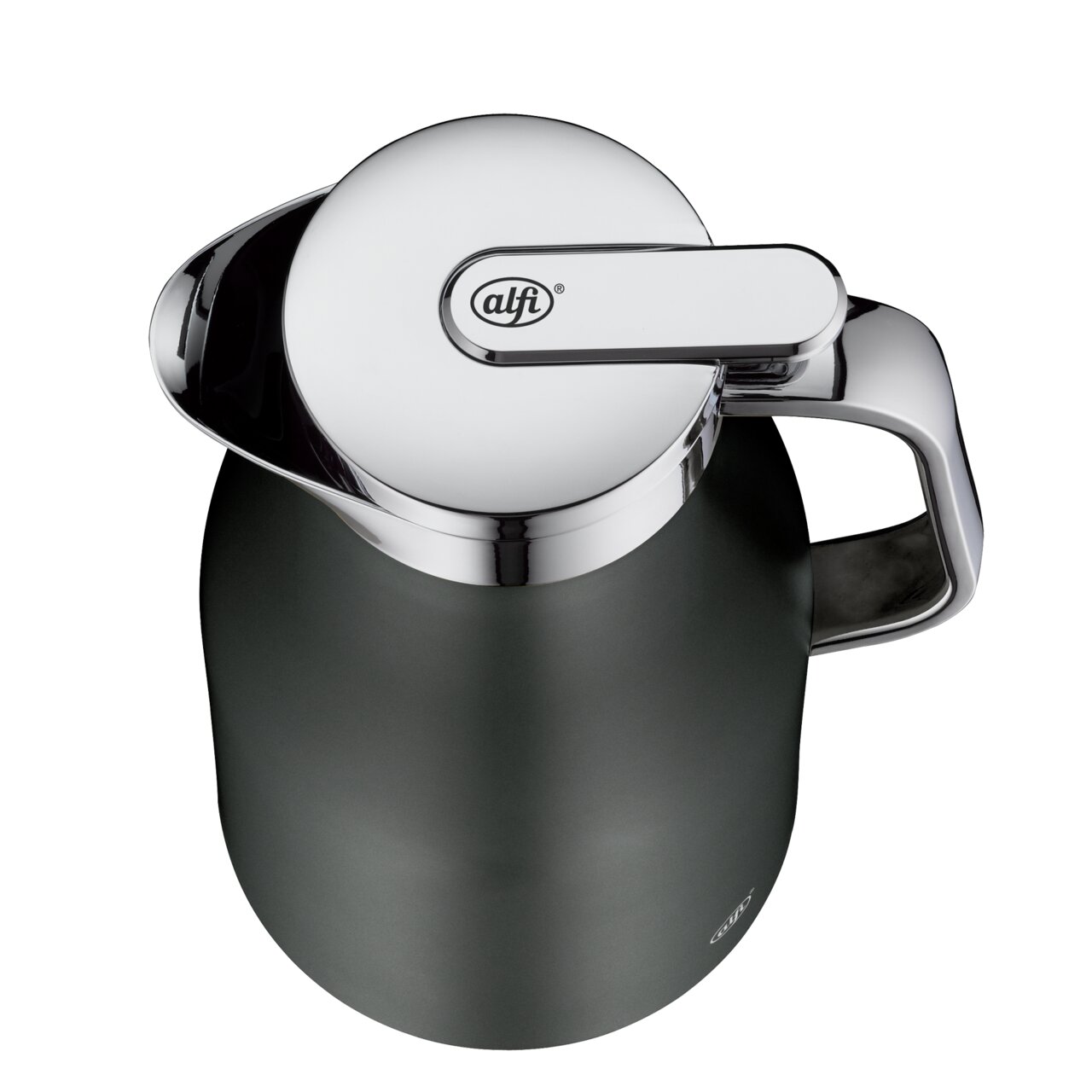 Ansicht von oben auf eine graue Thermoskanne mit glänzendem Deckel und Griff, Produktname SKYLINE cool grey 1,0l