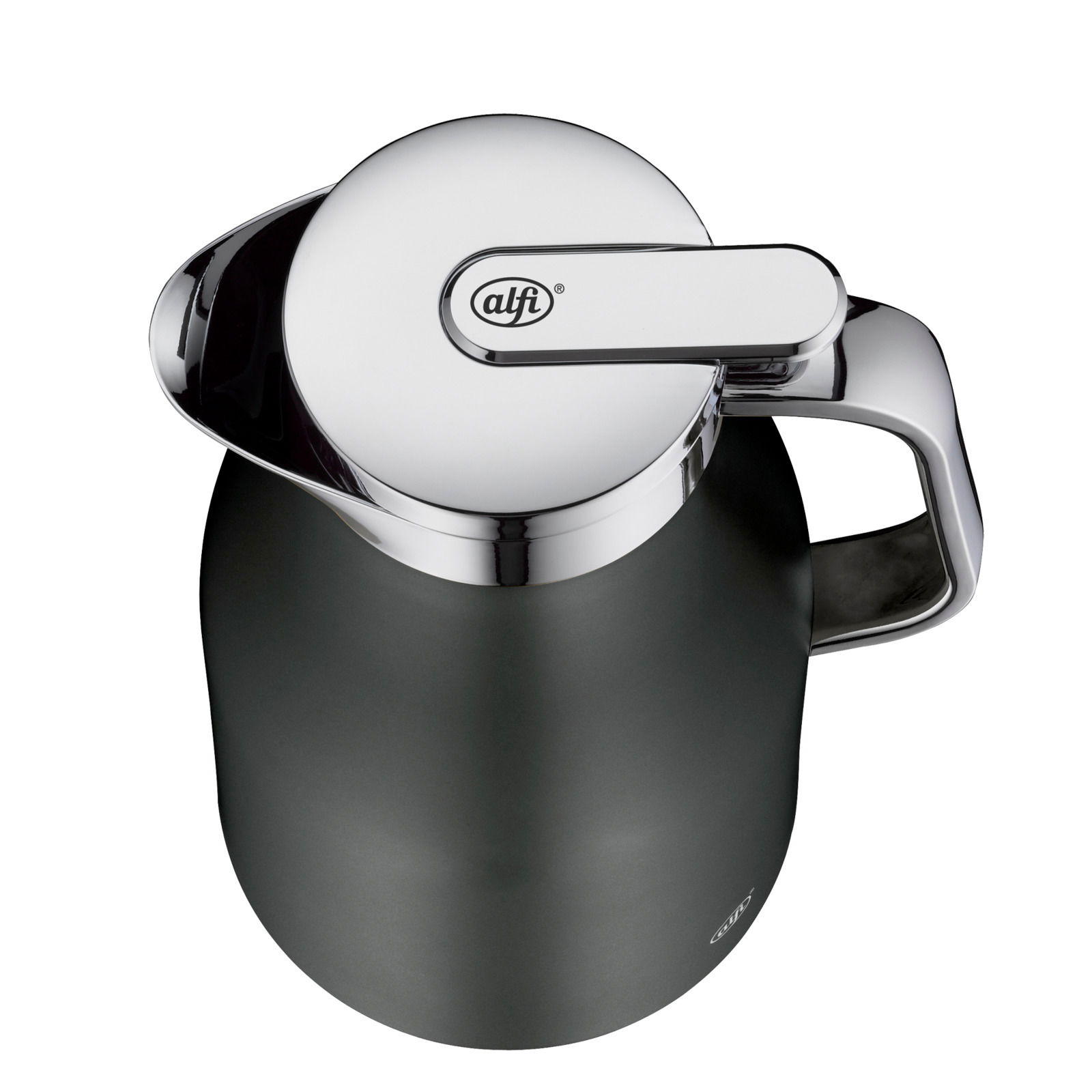 Ansicht von oben auf eine graue Thermoskanne mit glänzendem Deckel und Griff, Produktname SKYLINE cool grey 1,0l