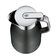 Ansicht von oben auf eine graue Thermoskanne mit glänzendem Deckel und Griff, Produktname SKYLINE cool grey 1,0l