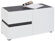 Weiße Bank mit dunkler Oberfläche, darauf liegt ein aufgeschlagenes Buch, seitliche Perspektive