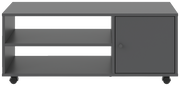 Grauer TV-Rollwagen mit zwei offenen Regalfächern und einer Tür, auf Rollen, Frontalansicht.