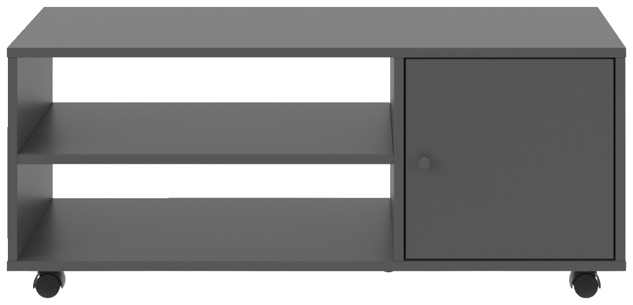 Grauer TV-Rollwagen mit zwei offenen Regalfächern und einer Tür, auf Rollen, Frontalansicht.