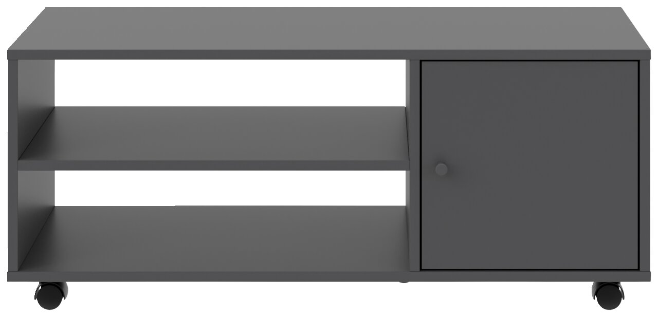 Grauer TV-Rollwagen mit zwei offenen Regalfächern und einer Tür, auf Rollen, Frontalansicht.