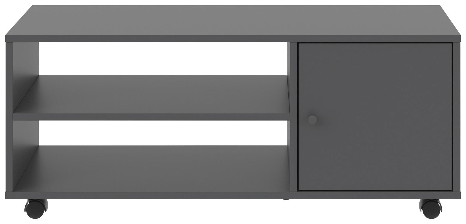 Grauer TV-Rollwagen mit zwei offenen Regalfächern und einer Tür, auf Rollen, Frontalansicht.