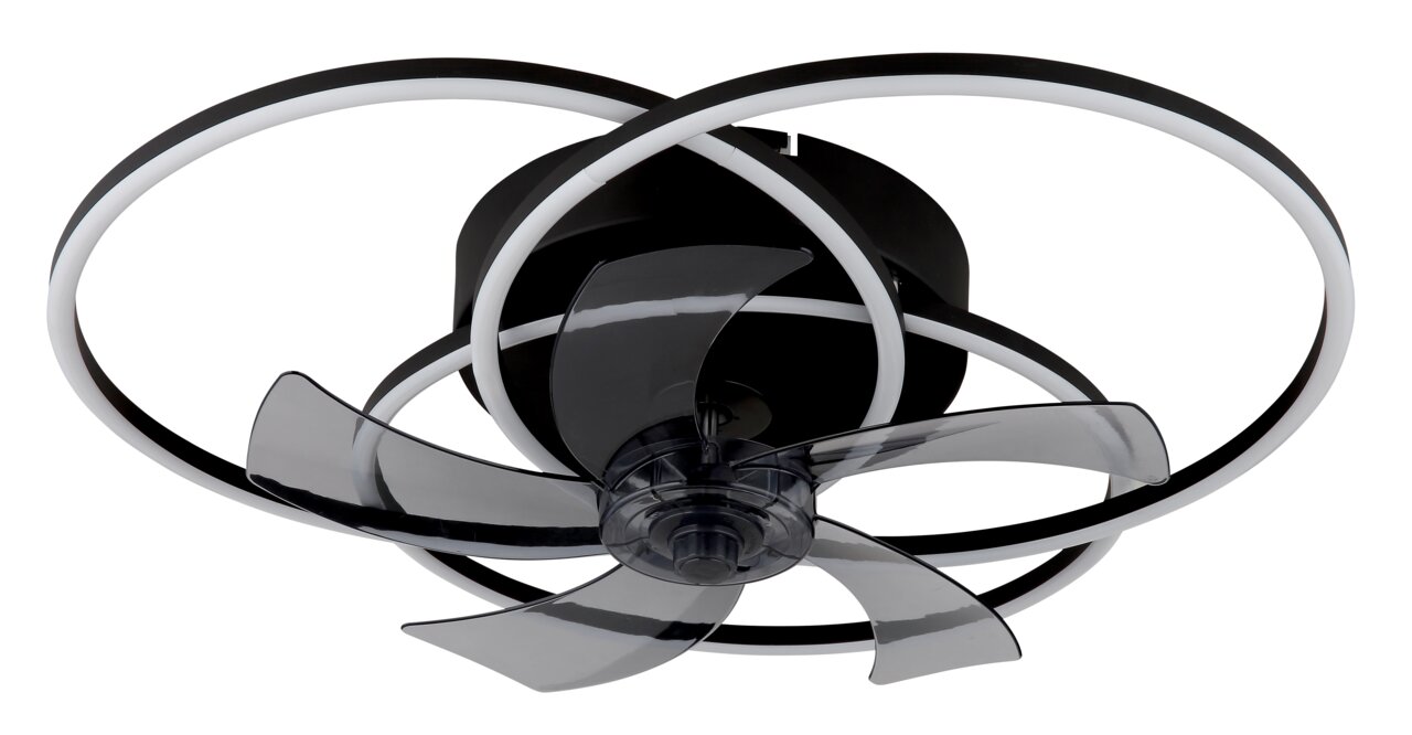 Moderner Deckenventilator mit transparenten Flügeln und LED-Lichtringen, Ansicht von unten.