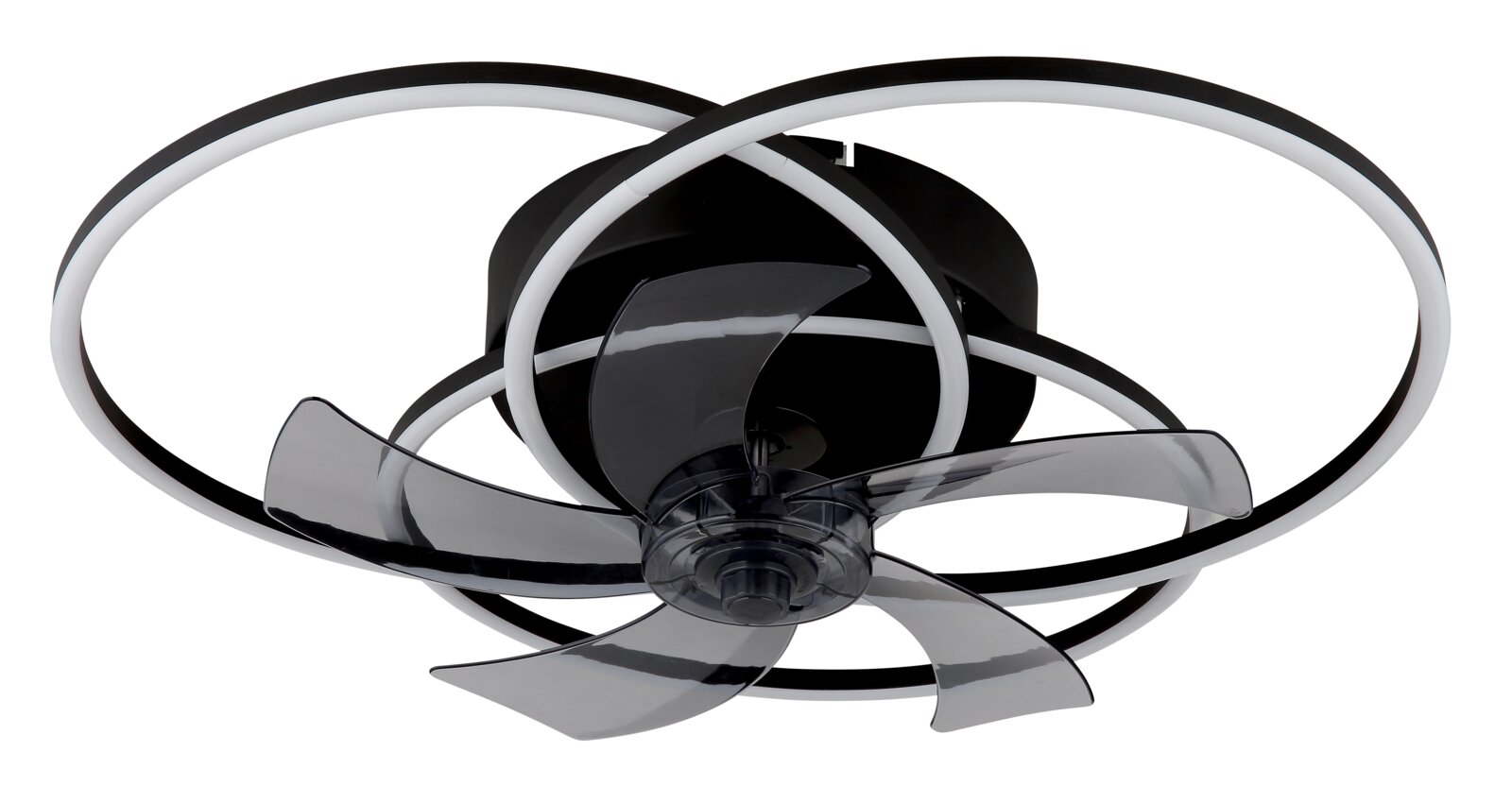 Moderner Deckenventilator mit transparenten Flügeln und LED-Lichtringen, Ansicht von unten.