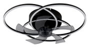 Moderner Deckenventilator mit transparenten Flügeln und LED-Lichtringen, Ansicht von unten.