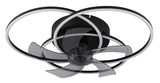 Moderner Deckenventilator mit transparenten Flügeln und LED-Lichtringen, Ansicht von unten.