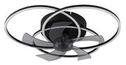 Moderner Deckenventilator mit transparenten Flügeln und LED-Lichtringen, Ansicht von unten.