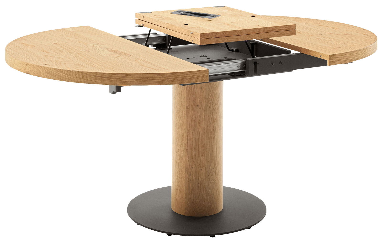 Runder Esstisch aus Holz mit ausziehbarer Funktion, seitliche Perspektive