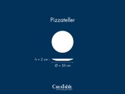 Pizzateller mit 30 cm Durchmesser und 2 cm Höhe, schematische Darstellung in Draufsicht und Seitenansicht auf blauem Hintergrund