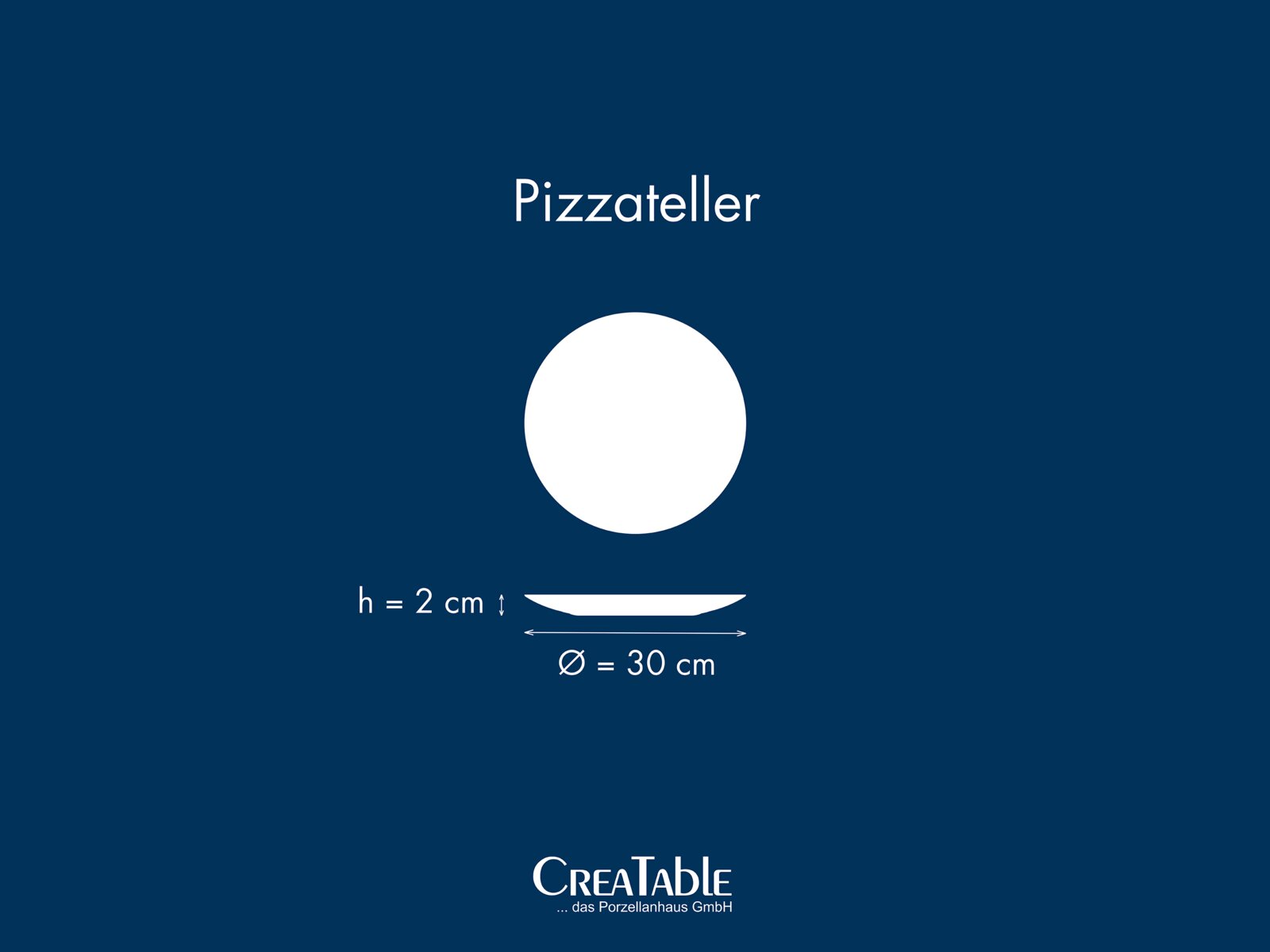 Pizzateller mit 30 cm Durchmesser und 2 cm Höhe, schematische Darstellung in Draufsicht und Seitenansicht auf blauem Hintergrund