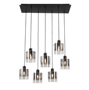 Moderne Hängeleuchte mit sieben zylindrischen, transparenten Glasschirmen, von oben betrachtet.