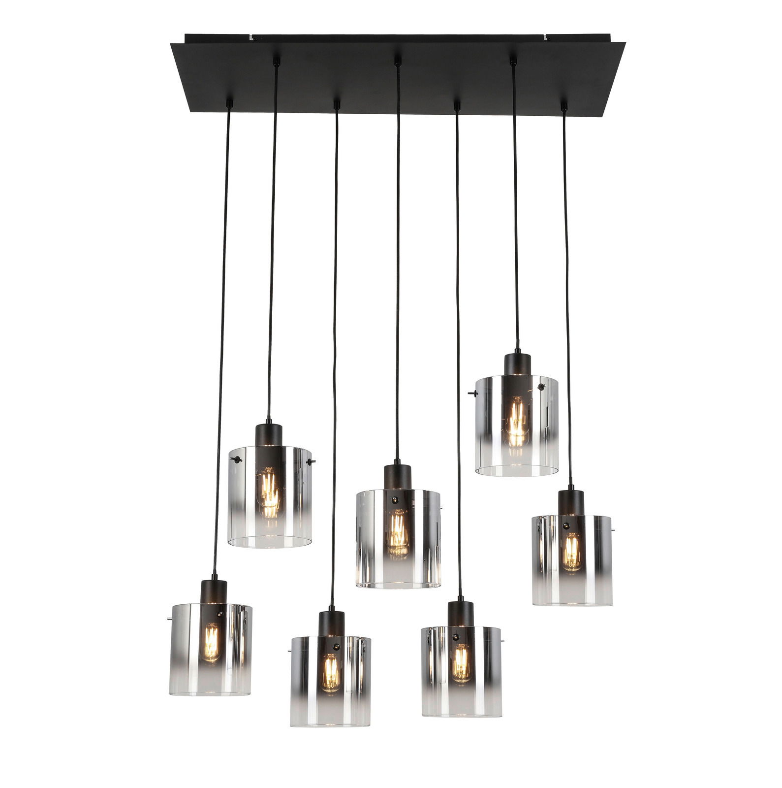 Moderne Hängeleuchte mit sieben zylindrischen, transparenten Glasschirmen, von oben betrachtet.