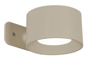 Beige Akku-Wandleuchte in seitlicher Perspektive mit rundem, modernem Design.