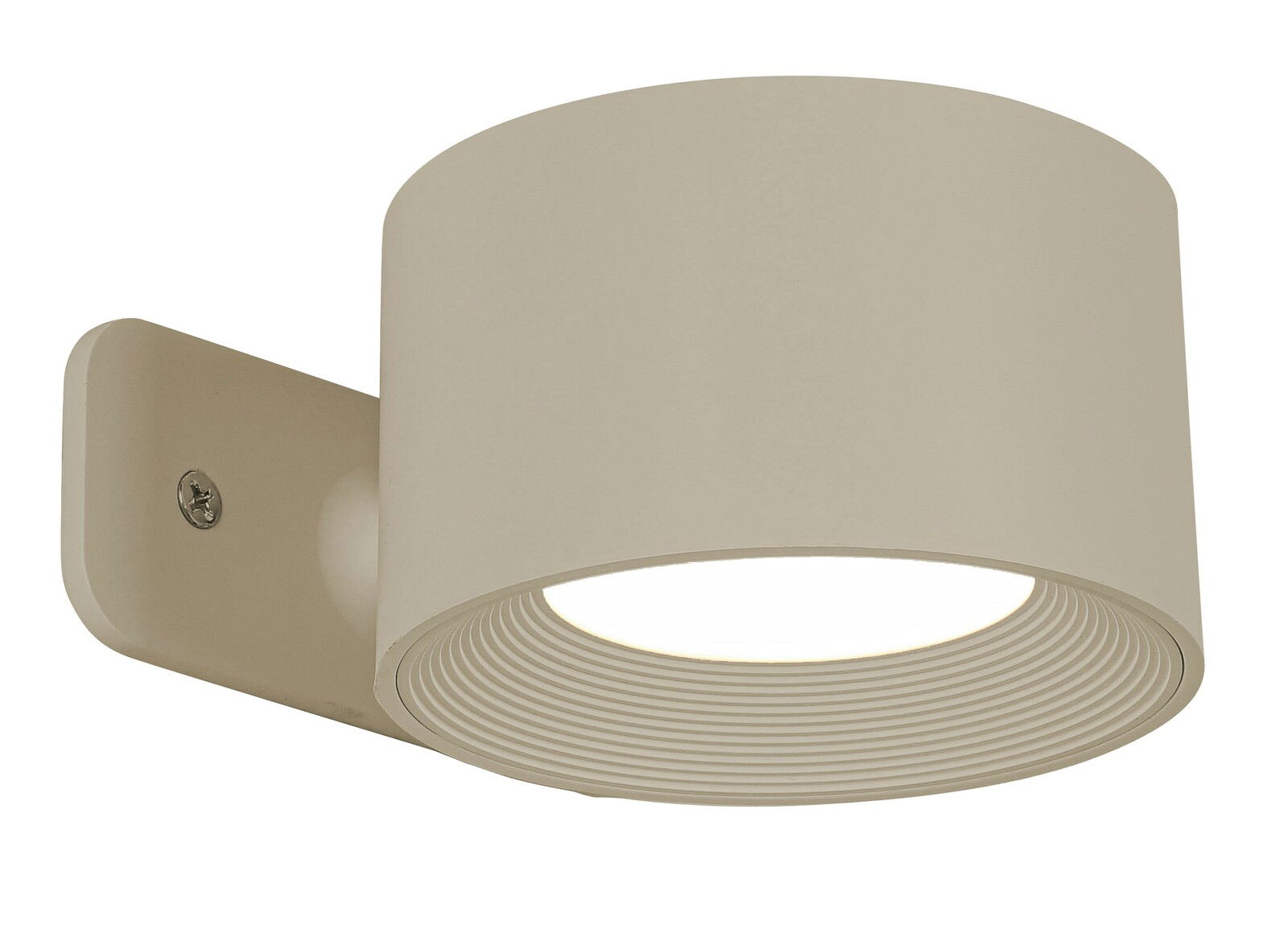 Beige Akku-Wandleuchte in seitlicher Perspektive mit rundem, modernem Design.