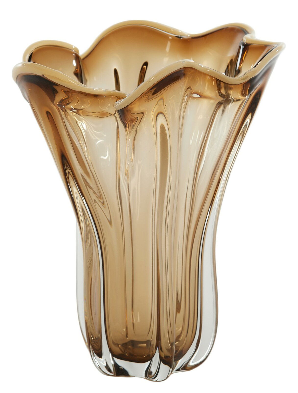 Elegante braune Glasvase mit wellenförmigem Rand, seitliche Perspektive